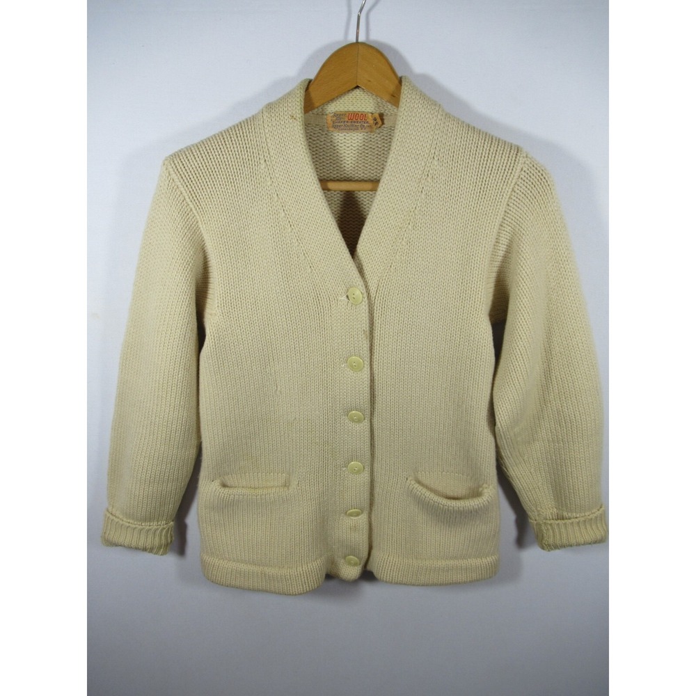 Vintage 40s Wool Shaker Cardigan Letter Sweater Letterman Style Roper Ivory